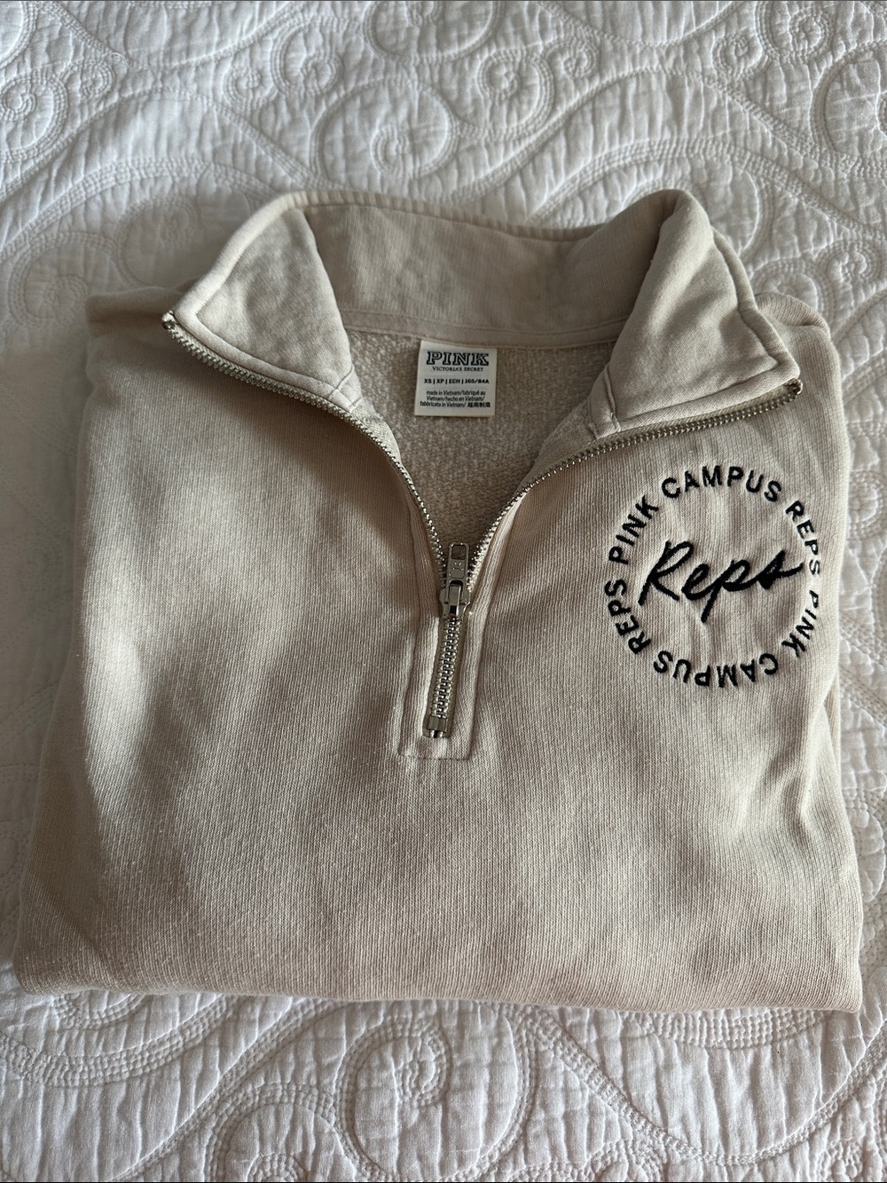 PINK Victoria's Secret Light Beige Half-Zip Campus Reps Pullover